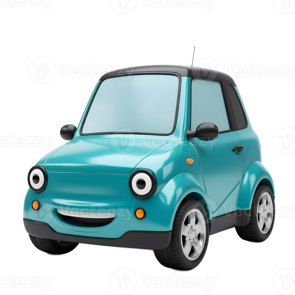 A teal cartoon car with a black roof and tires smiles cheerfully, set against a plain white background, making it suitable for children's content. png