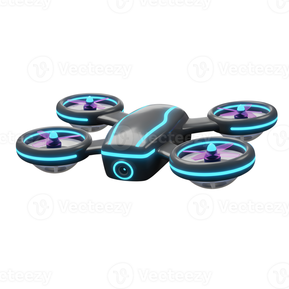 A gray drone with glowing blue lights and a front-facing camera is hovering, which can be used for aerial photography. png