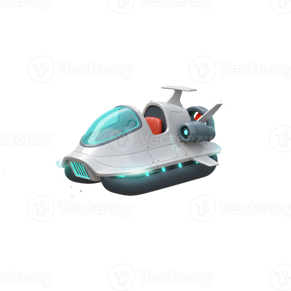 A stylized, cartoon-like hovercraft flies forward with blue energy trails, suggesting futuristic transportation and imaginative play. png