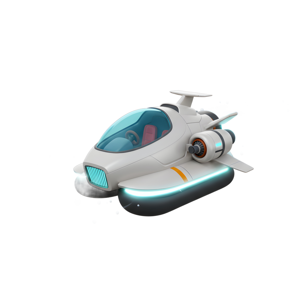 This illustration depicts a sleek, futuristic hovercraft speeding through the air with trails and rocks, showcasing its capabilities for advanced transportation. png