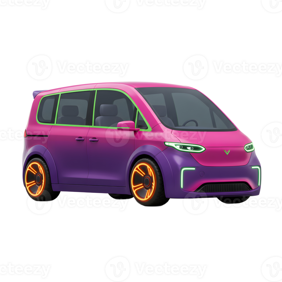 This rendering shows a futuristic minivan with a pink and purple gradient paint job and wheels that glow with orange light, suitable for transportation or entertainment. png