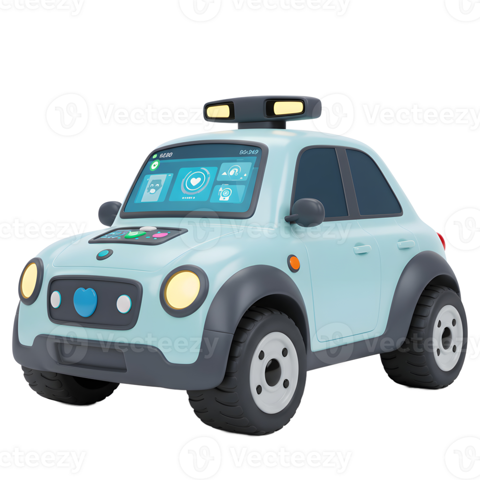 A light blue toy car with a screen on the windshield shows app icons and lights on the roof, ideal for children's play. png