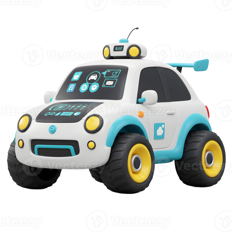 A white cartoon car with a digital display, large tires, and blue accents is showcased in a studio setting for creative or imaginative uses. png