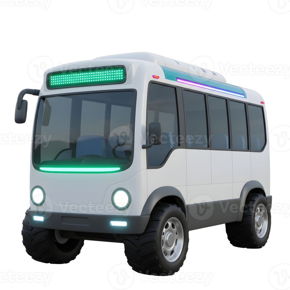 A cartoon bus features a white exterior, large tires, green lights, and tinted windows, making it suitable for various transportation purposes. png