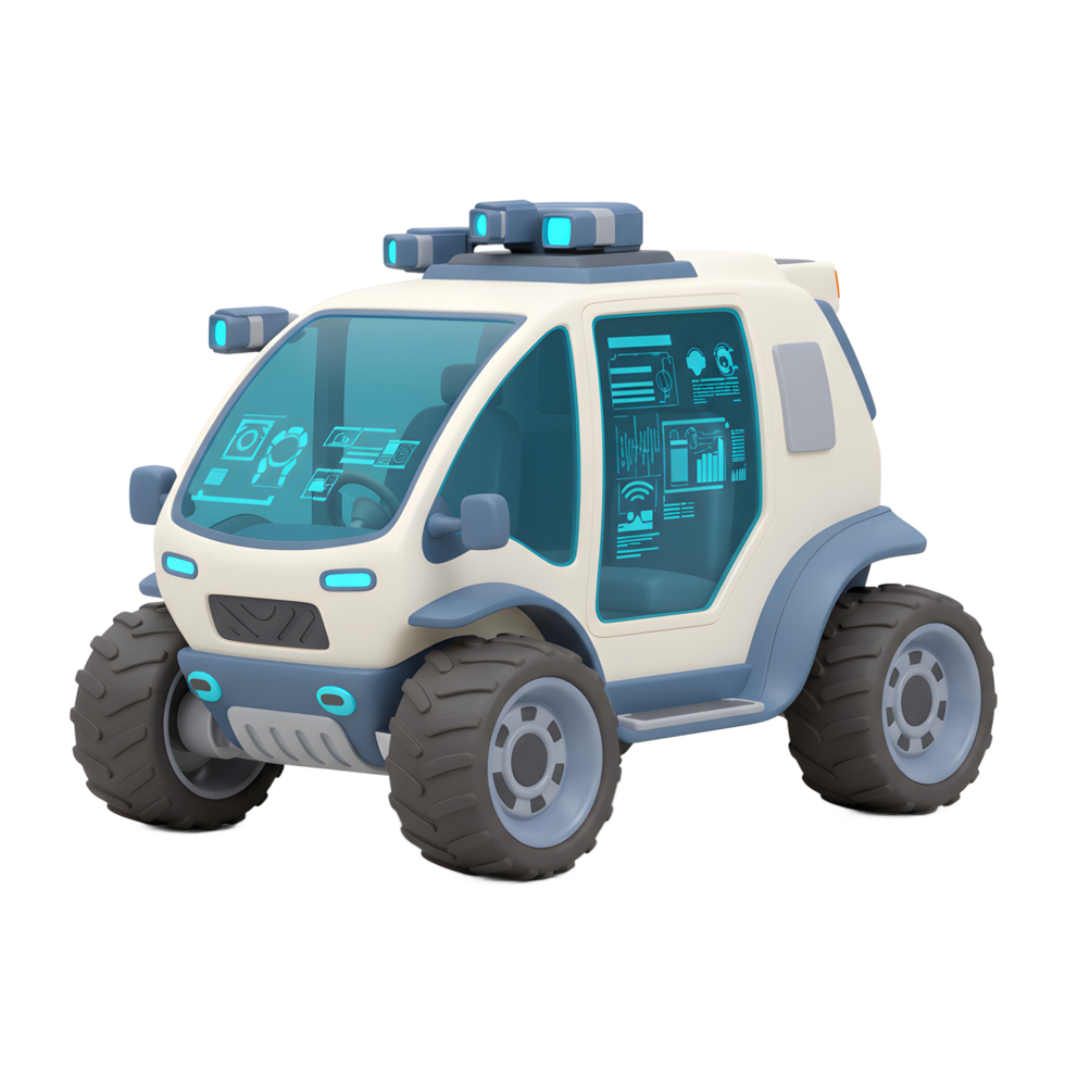 A futuristic vehicle is displayed with a white and blue color scheme and features transparent screens with digital interfaces, suitable for science fiction or conceptual illustrations. png