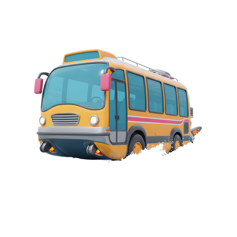 A yellow cartoon bus is driving through the water creating splash, suitable for illustration. png