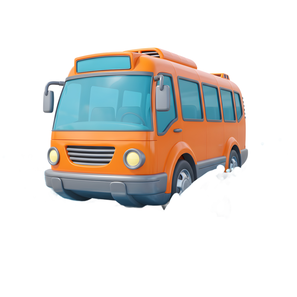 A cartoon style orange bus drives through water, creating a splash, ideal for transportation themes or children's illustrations. png