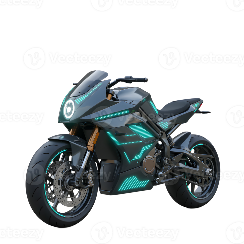 A sleek, modern motorcycle features a dark gray body accented by bright turquoise LED lighting, making it suitable for high-speed transportation. png