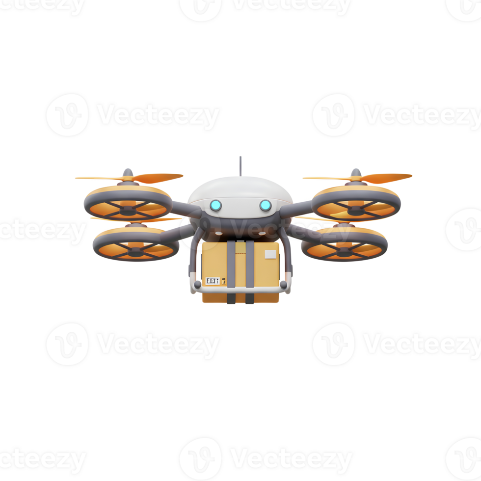 A stylized drone carries a box, suggesting delivery services, fast shipping, and technological advancement for logistics. png