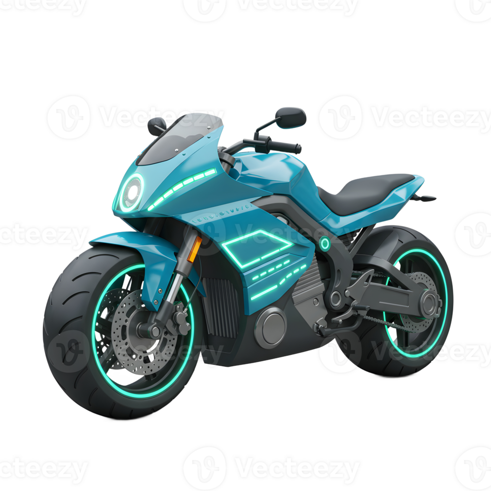 A sleek, futuristic blue motorcycle features neon accents and a modern design, making it ideal for showcasing innovative transportation concepts. png