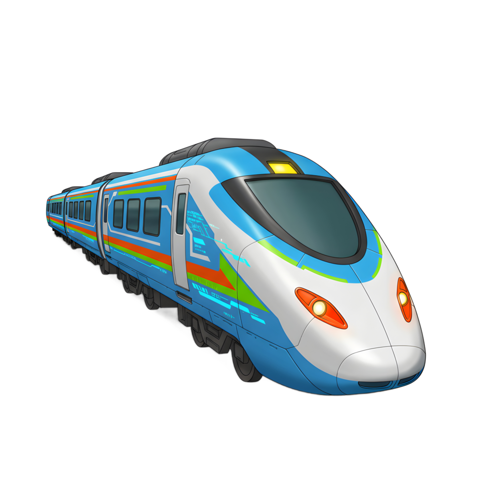 A blue and white modern train with colorful stripes is depicted on a white background, showcasing contemporary transportation. png
