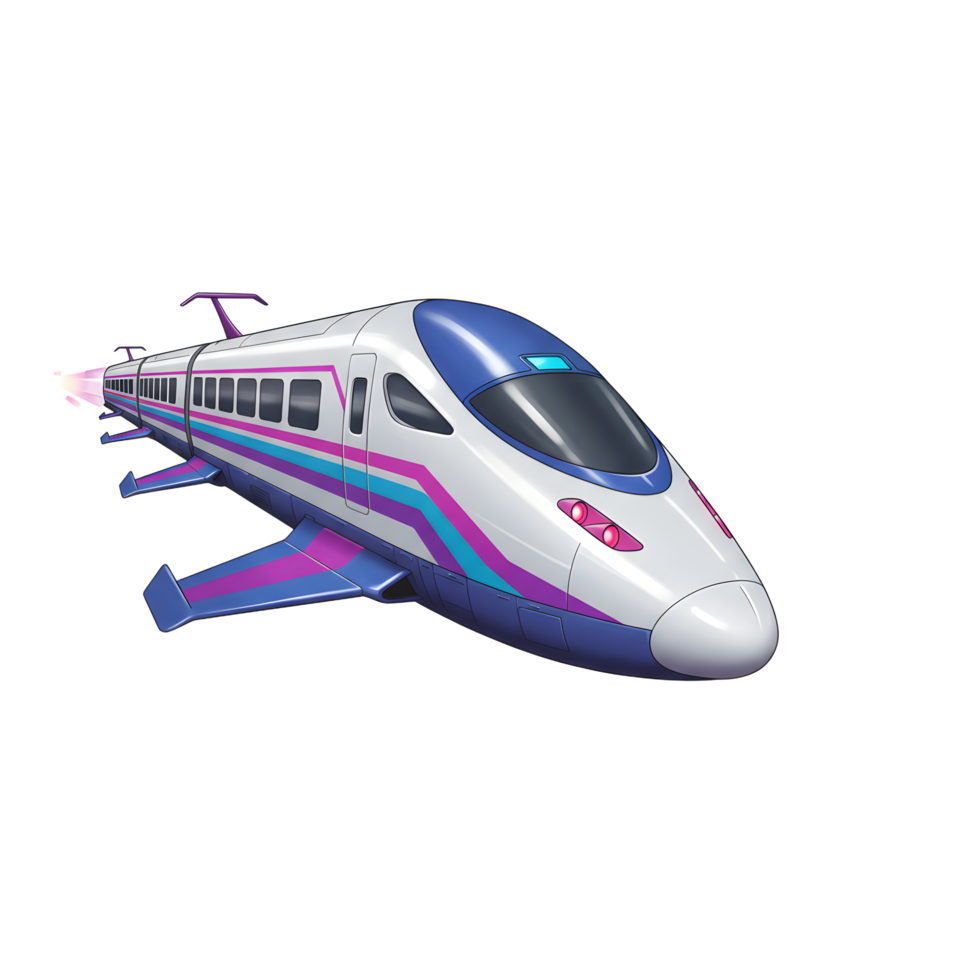 An imaginative cartoon train with wings is depicted in bright colors traveling at high speed, and it can be used for children's stories. png