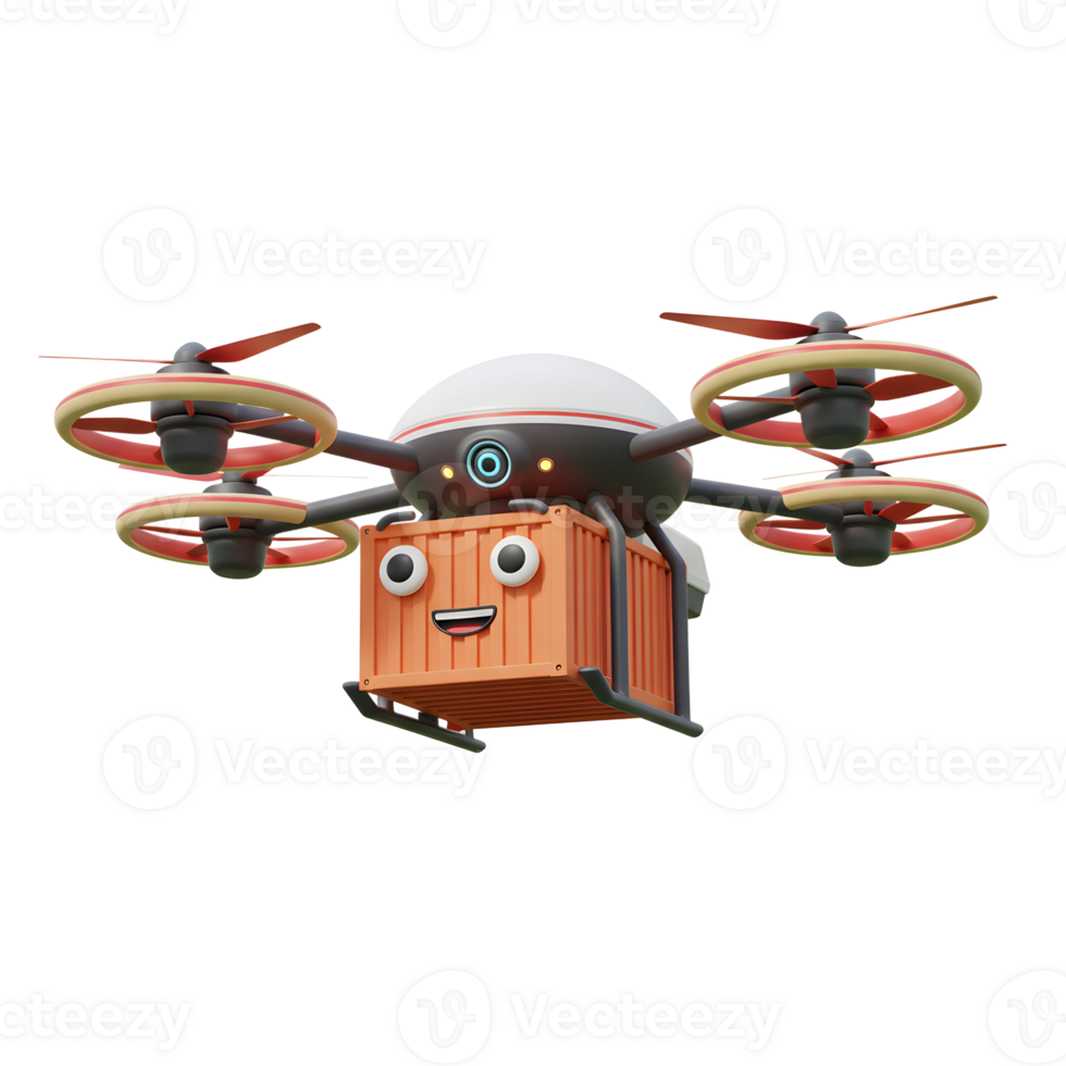 A cartoon drone flies while carrying a smiling orange container, demonstrating modern delivery methods. png