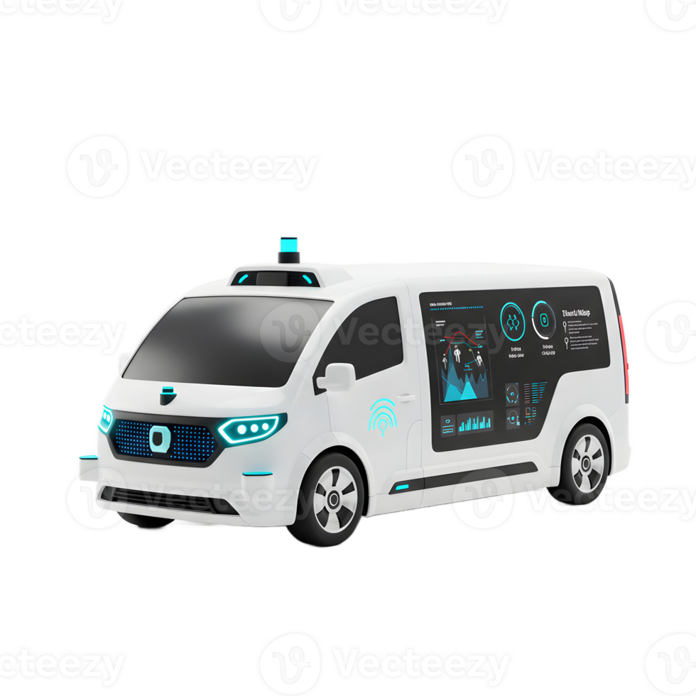 A white autonomous van features digital displays showing data and sensors for self-driving capabilities, making it ideal for transportation and technology demonstrations. png