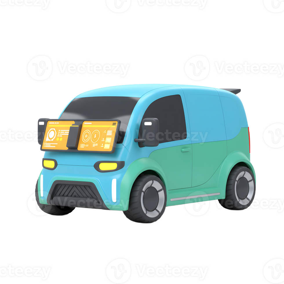 A blue and green toy-like delivery van features dashboard screens, creating a futuristic look for transportation design or toy concepts. png