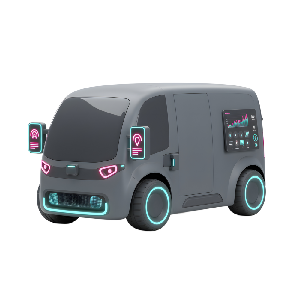 Gray delivery van with neon accents is displayed on a white background, likely used for futuristic transportation concepts. png
