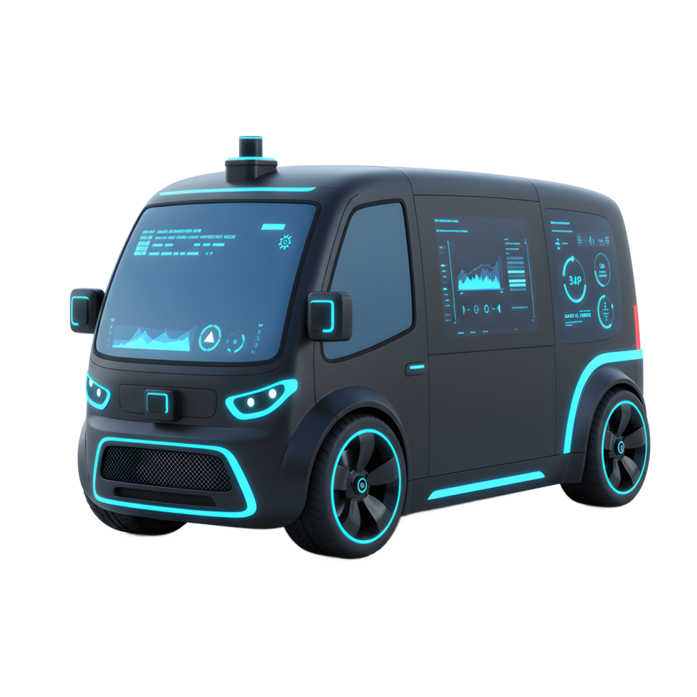 A matte black van features a futuristic design with a digital interface on the windshield and sides, indicating an advanced concept vehicle. png