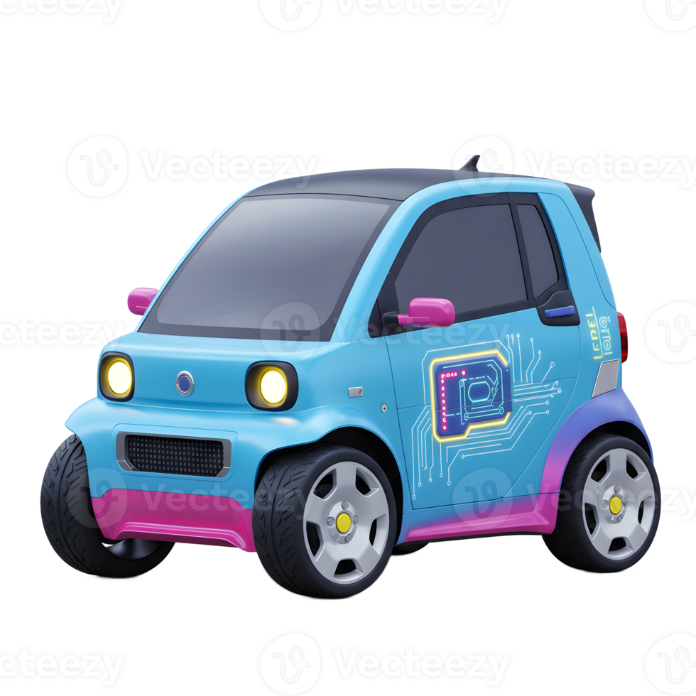 A small, cute, blue car features a modern design with pink accents and a glowing circuit board graphic, ideal for futuristic transportation concepts. png