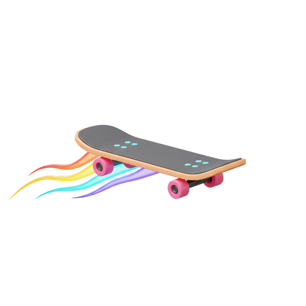 A skateboard with a black deck and pink wheels flies with a rainbow-colored trail behind it, suggesting movement and speed for recreational use. png