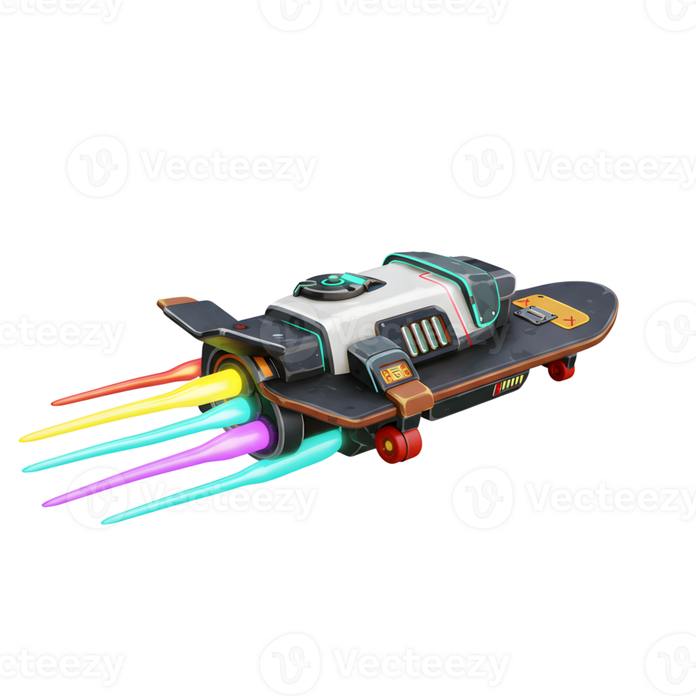 A futuristic skateboard with rocket propulsion shoots rainbow colored beams making it a fast and stylish mode of transportation. png
