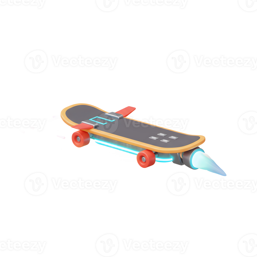 Illustration of a grey and orange skateboard with a rocket engine attached and light trails for decorative design. png