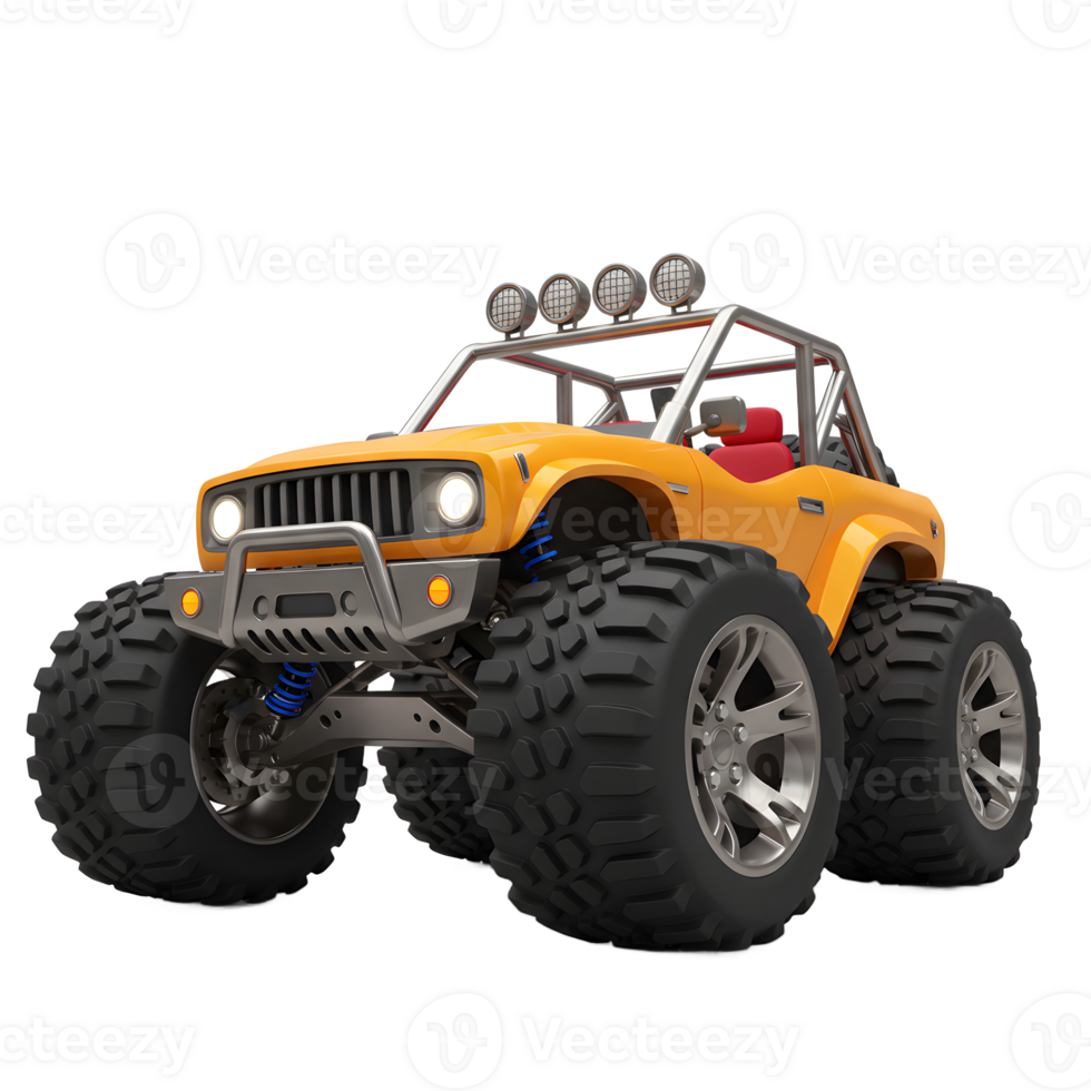 A cartoon-style yellow monster truck is shown on a white background, suitable for children's books or playful designs. png