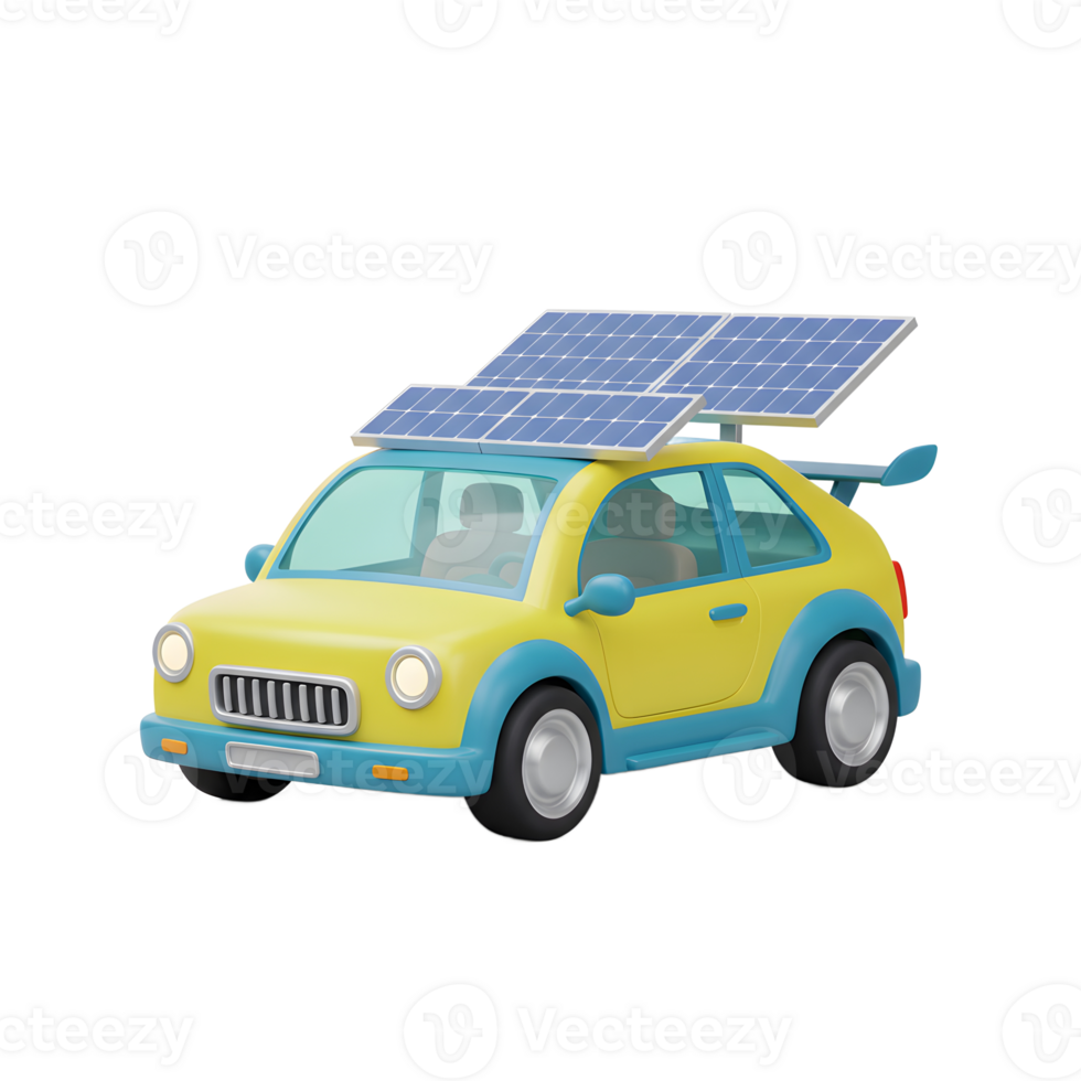A yellow cartoon car features solar panels on its roof and a small spoiler, which can be used to illustrate sustainable transportation or clean energy. png