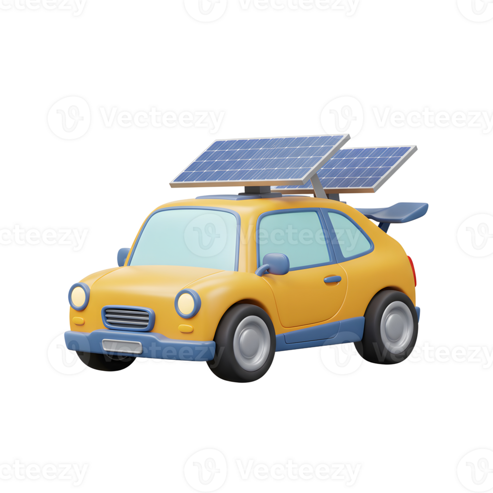 A yellow cartoon car is equipped with blue solar panels on its roof, illustrating sustainable energy in transportation. png