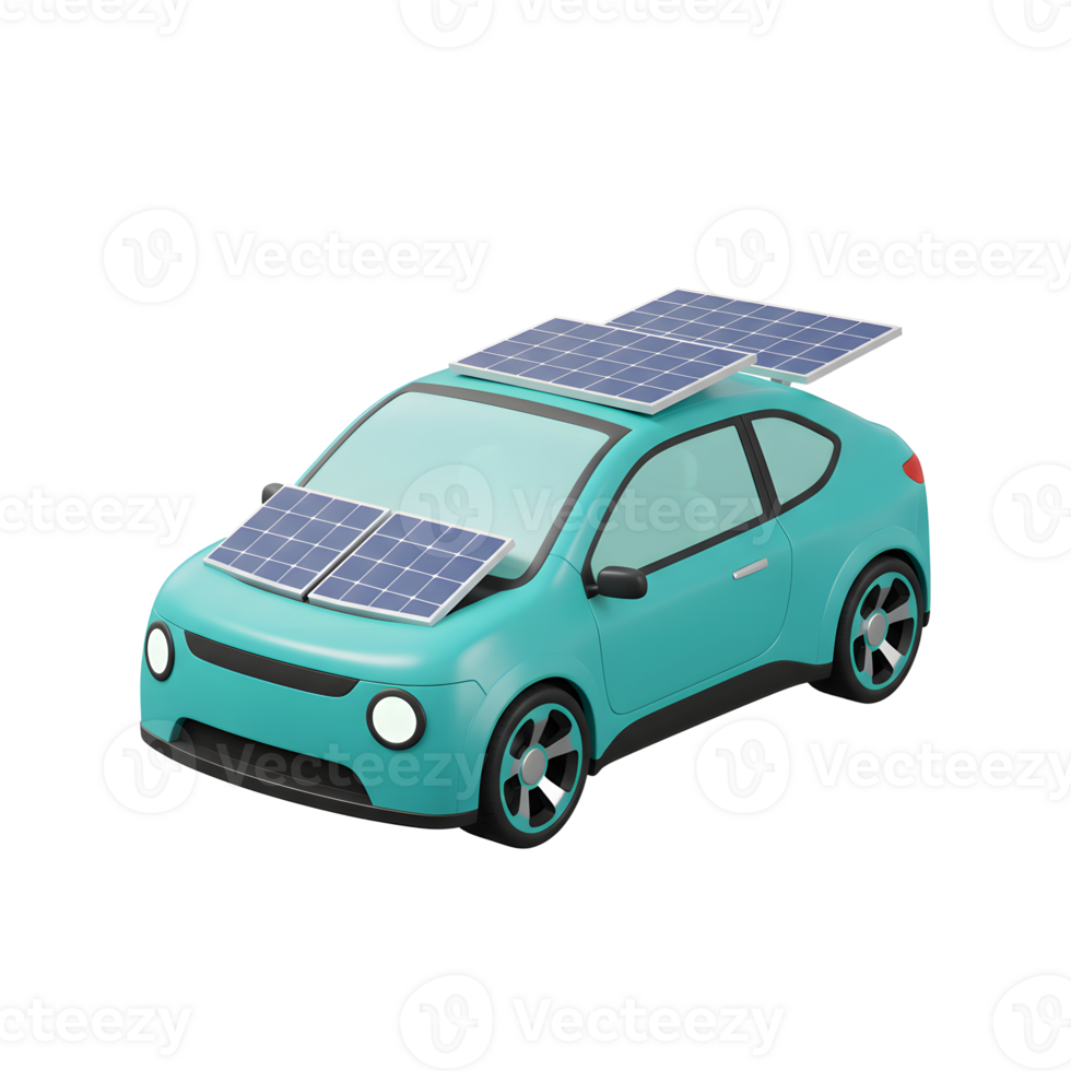 A turquoise electric car is equipped with solar panels, showcasing sustainable transportation solutions for daily commutes. png