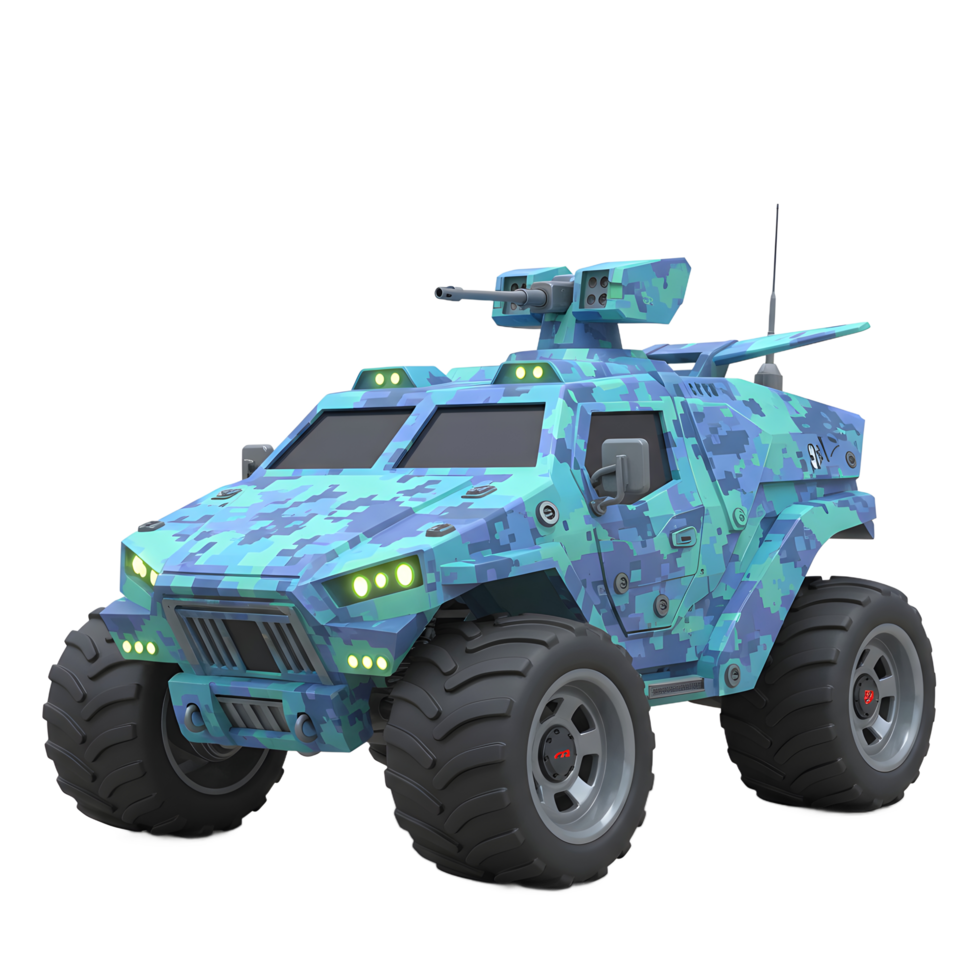 Camouflage armored vehicle with a turret and large tires displayed on a white background, suitable for military themed designs or product displays. png
