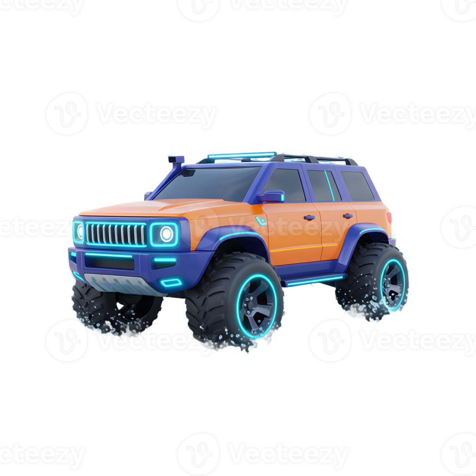 A vibrant orange and blue SUV drives through splashing water, showcasing an adventurous and visually striking scene for off-road or stylized transportation purposes. png