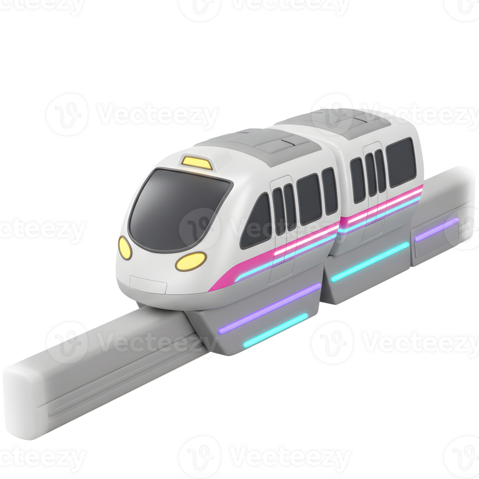 An overhead shot showcases a futuristic monorail train adorned with neon stripes, suggesting its use in transportation. png