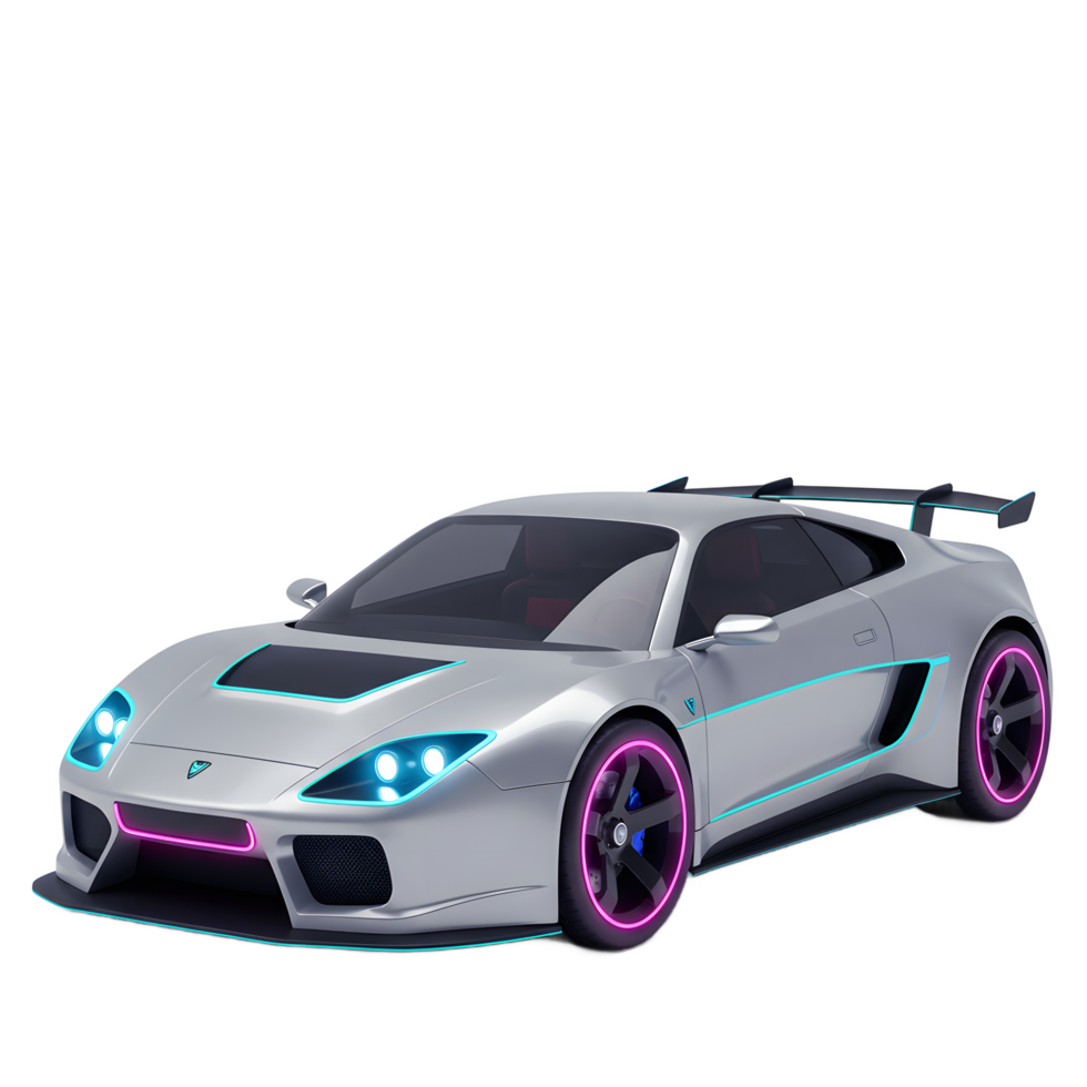 A modern silver sport car with neon lights is shown in a studio setting, highlighting its sleek design and contemporary aesthetic for promotional purposes. png