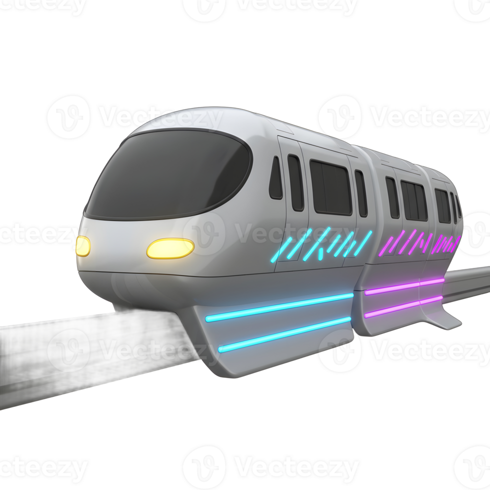 A grey futuristic train with neon light details travels along a monorail track, showcasing a modern design for transportation. png