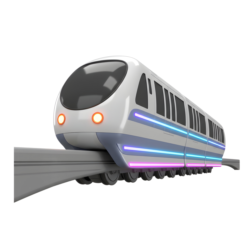 A futuristic train with neon lights travels along a rail, showing a modern transportation concept. png