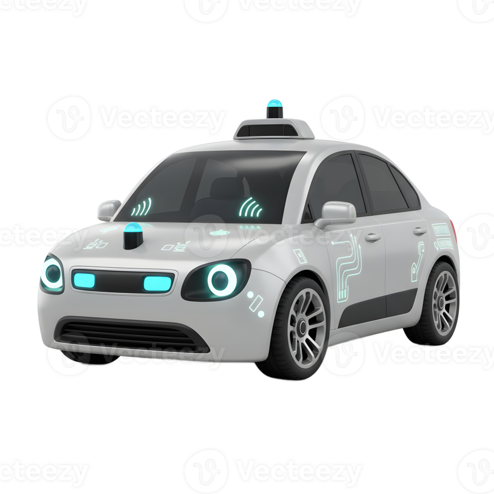 A futuristic gray car with visible sensors and a glowing graphical interface illustrates autonomous vehicle technology for transportation purposes. png