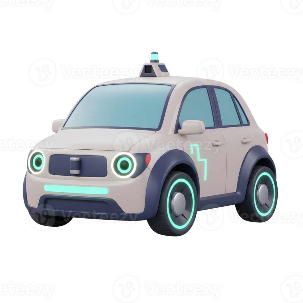 A beige, cartoon-style car with glowing turquoise accents is depicted, suggesting a futuristic or electric vehicle used for transportation. png