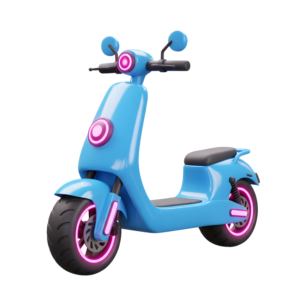A cartoonish 3D rendering shows a glossy blue scooter with pink neon lights highlighting the design, suitable for promoting transportation or modern art projects. png
