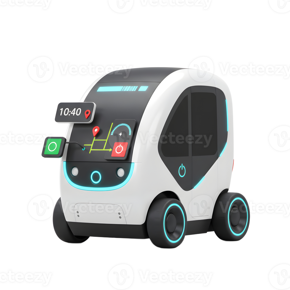 A futuristic autonomous vehicle is shown with a digital display featuring a route map, time and control buttons, indicating its advanced navigation and control systems for automated transportation. png