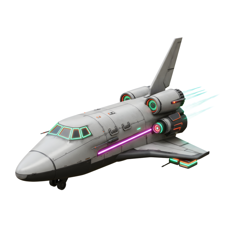 A futuristic space shuttle is shown with glowing lights and engine trails, set against a white background, suitable for science fiction themed designs. png