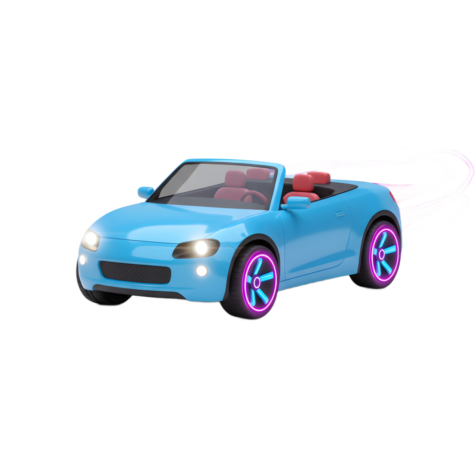 A light blue convertible car with neon pink wheels is shown against a white background with speed lines behind it for use in transportation designs. png