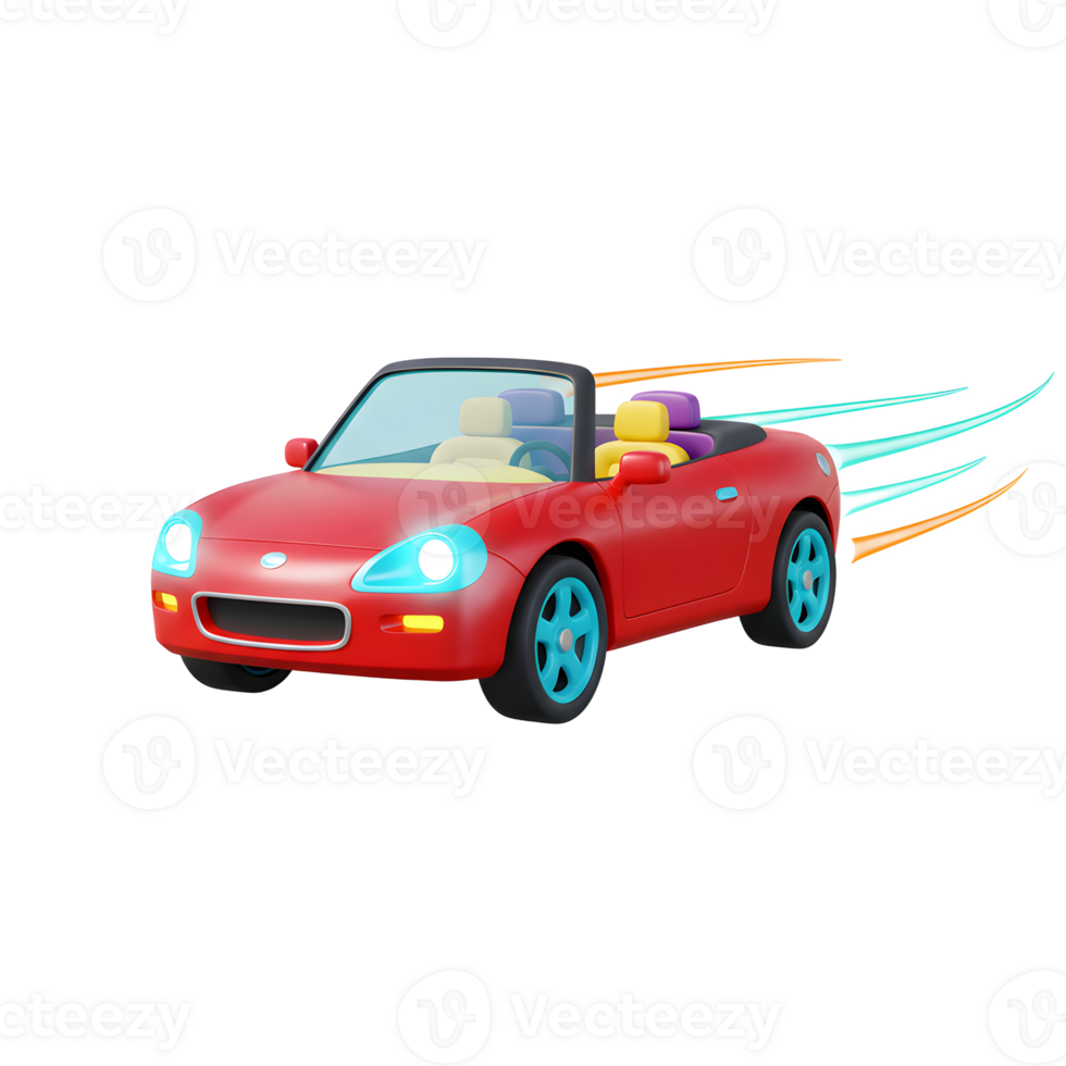 A red convertible car with blue wheels is shown speeding, indicated by motion lines, and can be used for transportation themes. png