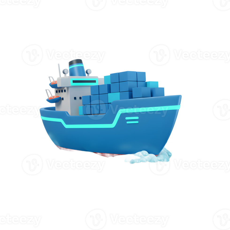 A blue cartoon cargo ship carrying blue boxes sails on a wavy ocean, which is suitable for illustrating logistics and transportation concepts. png