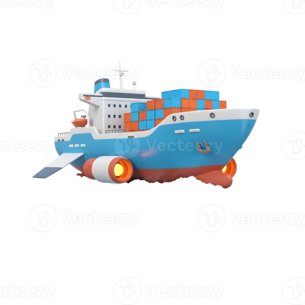 A cartoon cargo ship with blue and orange containers is sailing on water, which can be used for presentations, websites, and educational materials. png
