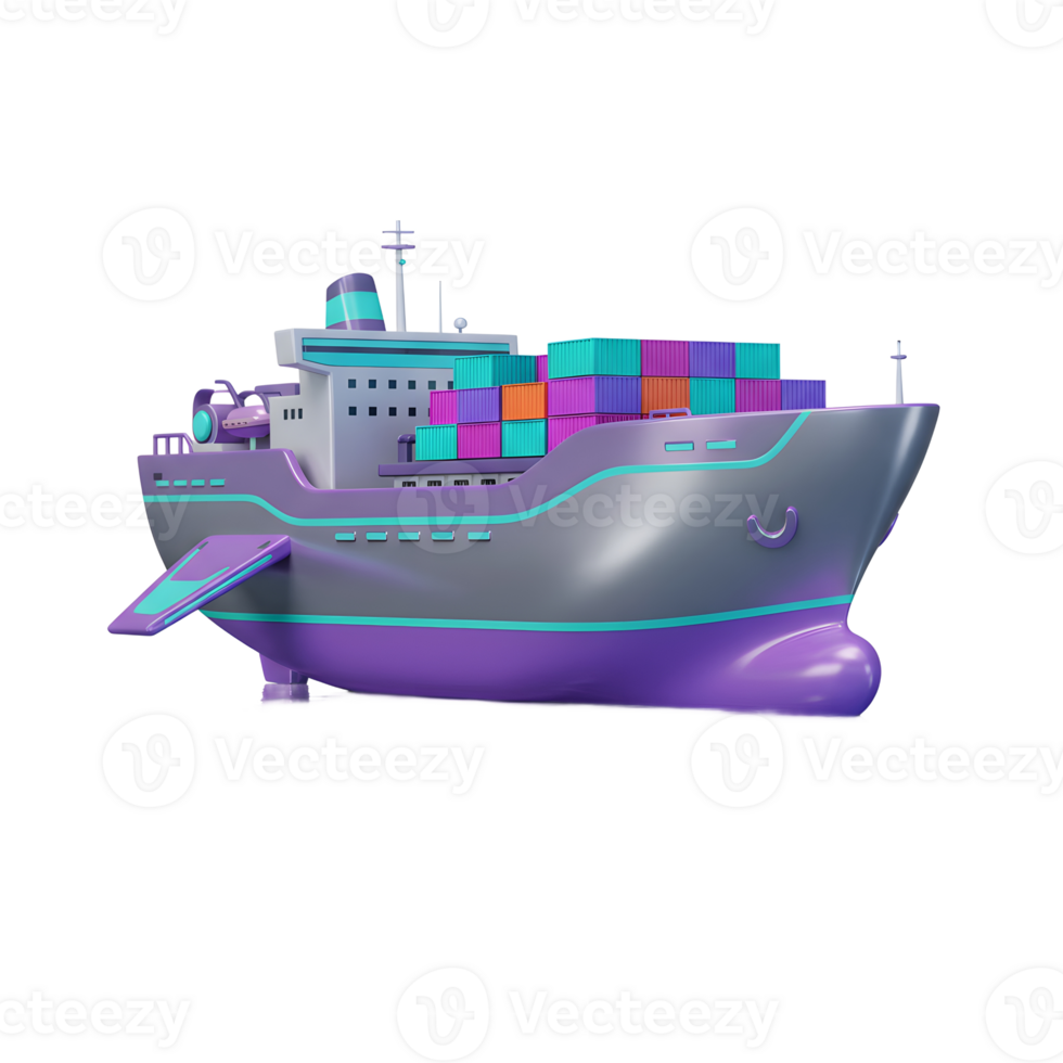 Colorful container ship with cargo boxes floating on water, presenting a playful illustration suitable for children's books. png