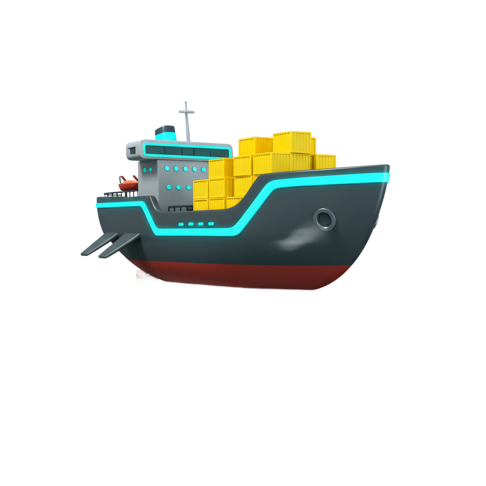 A cartoon cargo ship loaded with yellow containers is shown on calm water, often used in graphics and illustrations. png