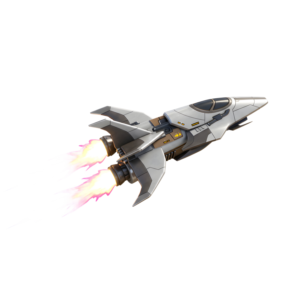 A futuristic rocket ship soars through the air with vibrant flames erupting from its engines, ideal for illustrating concepts of space travel or adventure. png