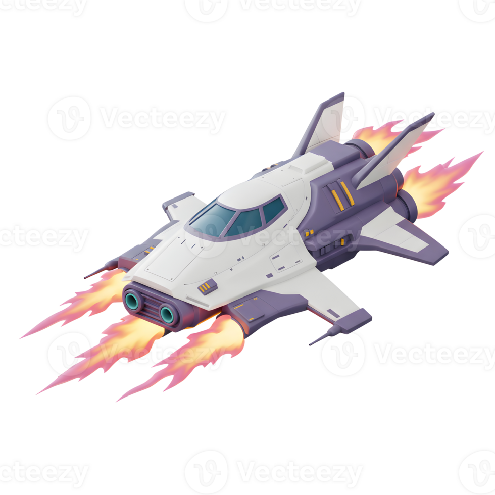 Isometric cartoon spaceship is depicted flying and generating flames on a white background to be used for gaming. png