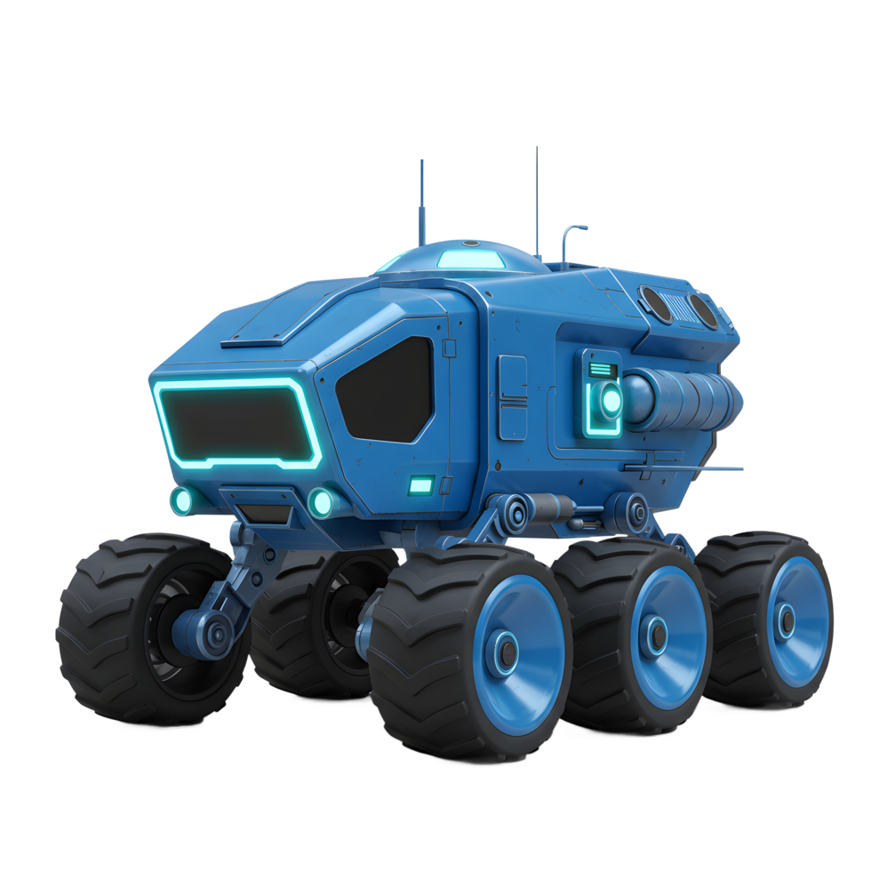 A blue, futuristic rover vehicle is displayed with six large wheels and illuminated components, suggesting it is for exploration and transportation. png