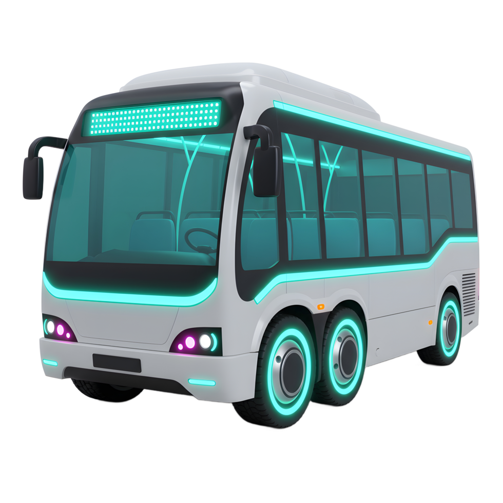 A white bus with neon accents appears futuristic and modern, giving it a unique aesthetic that would be great for graphic design projects or illustrations. png